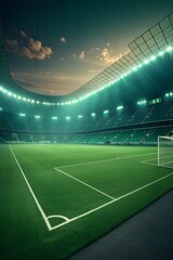 Fototapeta premium Green soccer field with illuminated stadium lights.