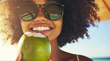 Beautiful woman enjoying a coconut drink in sunny outdoor conditions