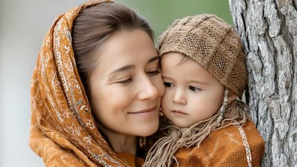 Warm Embrace: A mother tenderly cradles her child, their faces alight with the deep, abiding affection that defines motherhood. The scene is bathed in the soft glow of the sun.