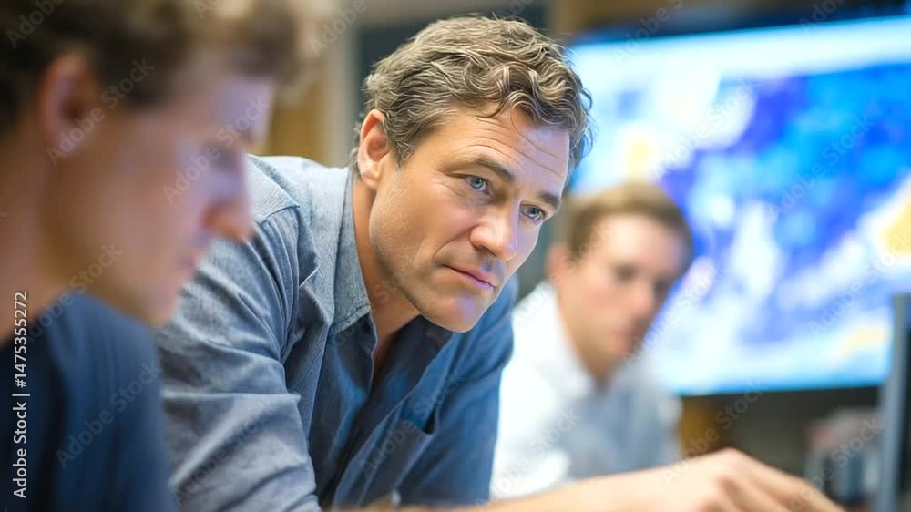 Aufkleber Team of meteorologists collaborating on weather data analysis at a research center.