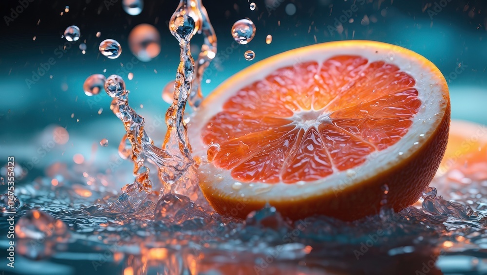 Poster a slice of grapefruit being squeezed by hand, releasing juice droplets into the air.