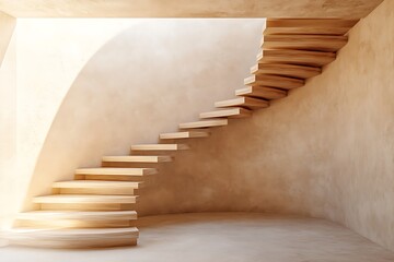 Light beechwood floating staircase wrapping subtly around a smooth curved plaster wall