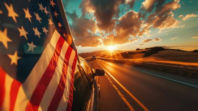 Scenic Highway Sunset with American Flag Waving from Car Antenna During Peaceful Road Trip