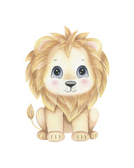 Watercolor illustration of a cute lion cub, made in soft colors.