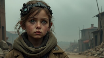 Young girl with steampunk goggles standing in ruins of a devastated village, looking serious and resilient in post-apocalyptic setting with muted colors and fog