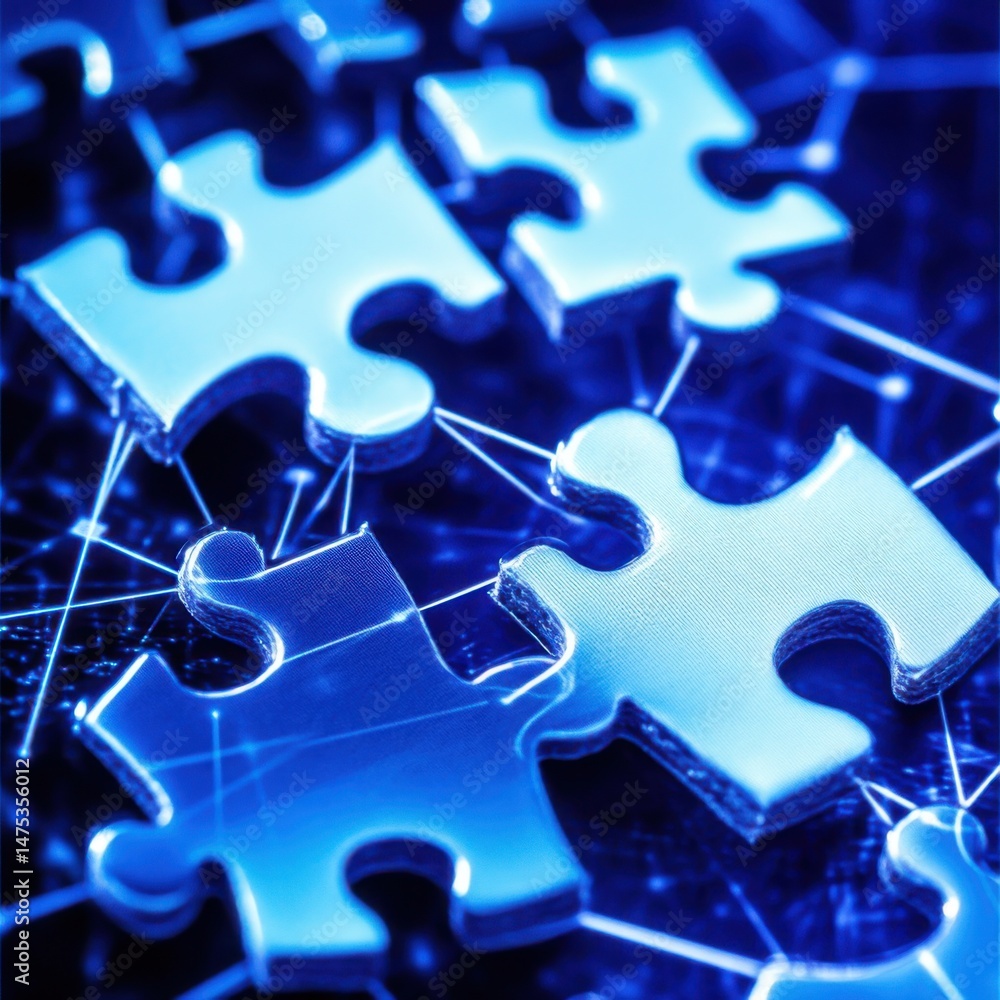 Poster close-up of blue puzzle pieces interconnected on dark background illustrating problem solving strate