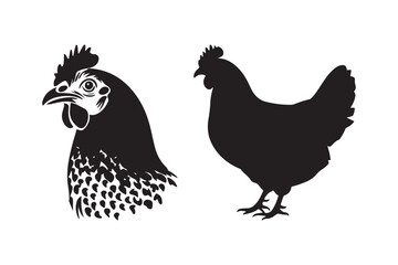 Chicken Silhouette and Hen Head Vector Clipart Farm Animal Graphic Art Set