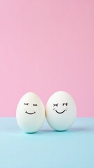 Two smiling eggs with faces on pastel pink and blue background