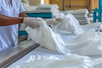 Industrial textile folding by worker in factory