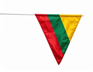Colorful triangular pennant flag with red, green, and yellow sections on white background