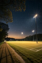 Sports field illuminated by lights at night