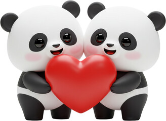 Obraz premium Kawaii 3D cartoon pandas holding a big heart together
