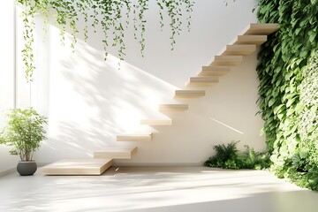 Organic design floating stairs crafted from pale timber, framed by greenery-themed decor