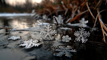 Intricate snowflakes floating on a still water surface at dusk