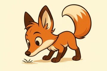 Obraz premium A cartoon fox with a curious expression, sniffing an invisible flower on the ground on a light cream background