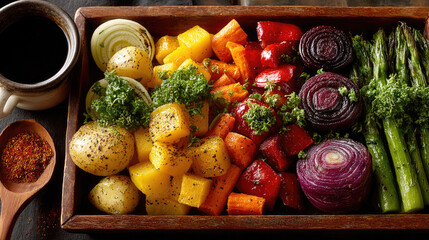 Colorful vegetable arrangement in wooden crate