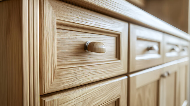 Close-up of Wooden Cabinet Drawers with Knobs