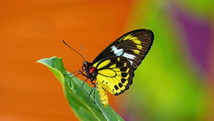 Obraz premium A yellow and black butterfly perched on a green leaf.