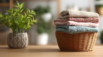 Obraz premium Laundry scene with bamboo basket, folded pastel clothes, green potted plant as accent