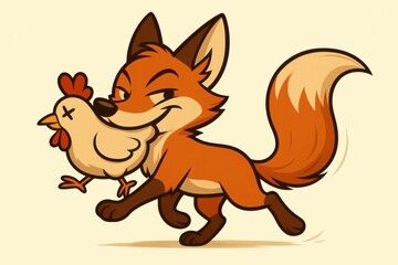 Obraz premium A cartoon fox with a mischievous smirk, sneaking off with an imaginary chicken in its mouth on a light cream background