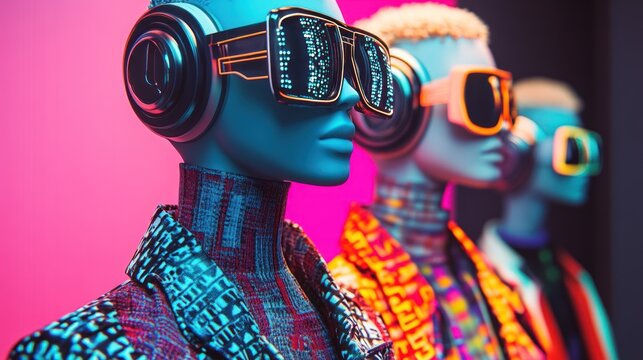 Three stylish mannequins wearing futuristic sunglasses and vibrant outfits against a colorful backdrop