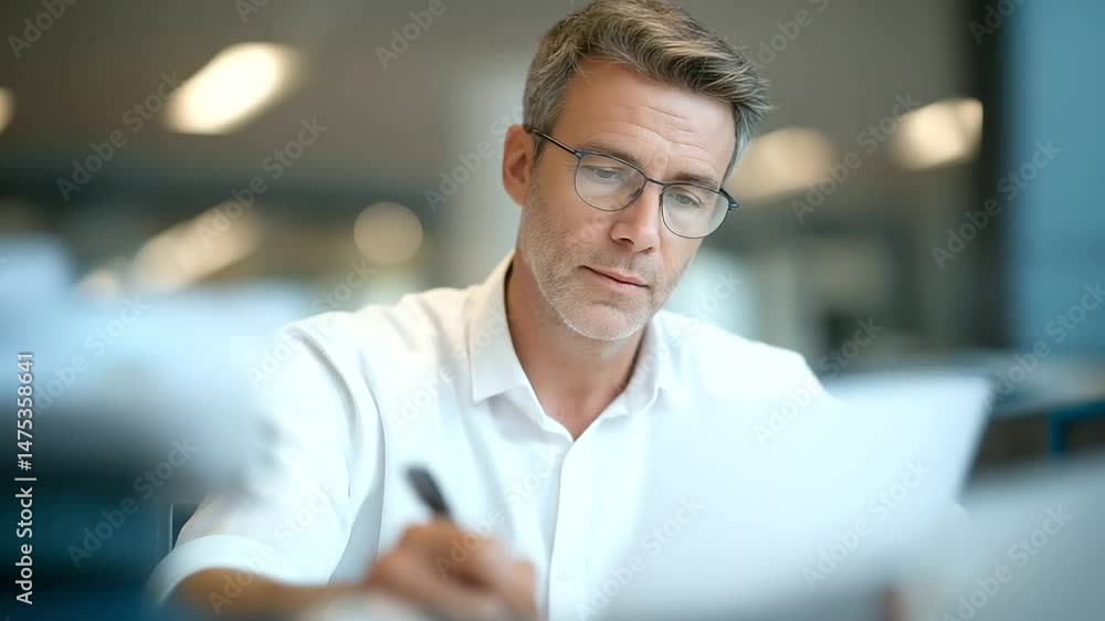 Poster expert accountant meticulously calculating electronic invoices on a computer.
