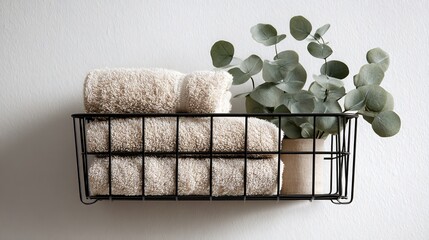Minimalist black wire basket filled with beige towels, white wall with hanging eucalyptus