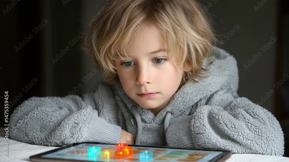 Aufkleber curious young mind engaged with a tablet: a captivating close-up of a child intently focused on the 