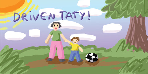 Family Fun: A heartwarming illustration depicts a mother and her young son holding hands,  a soccer ball at their feet, with the sun shining brightly in the sky. Driven Taty