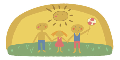 Obraz premium A joyful family enjoying sunshine: A heartwarming illustration depicts a family of three holding hands, basking in the warmth of a radiant sun, and a vibrant scene of family bond. 