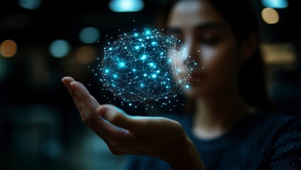 Woman holding glowing network sphere