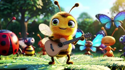 Bee Playing Guitar Cartoon Animation for Children and Educational Purposes