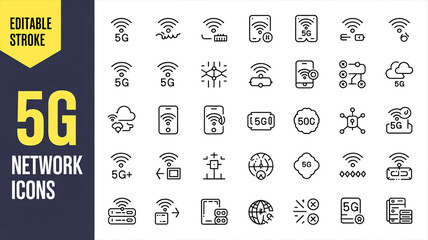 A set of 30 minimalist line art icons related to 5G network technology arranged in a grid layout.