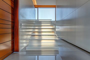 Translucent acrylic floating steps catching natural light in a futuristic home entryway