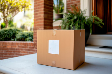 A cardboard box on the porch of a house, delivery of an online shopping package in a residential area.