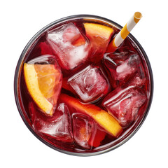 iced sangria cocktail  isolated on transparent background, top view, delicious sangria cocktail in glass cup with ice cubes fruits and straw, cold beverage, for Bar and restaurant menu