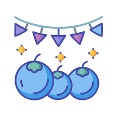 Festive blueberries with party decorations, isolated on black background
