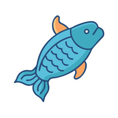 Blue cartoon fish with orange fins swimming in the dark