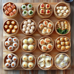 Colorful dim sum selection on wooden tray