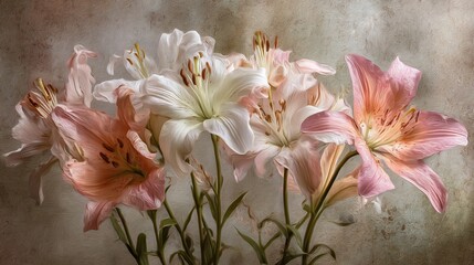 Obraz na płótnie Canvas Delicate pink white peach lily arranged textured background their soft petal standing out against natural rough texture of backdrop creating elegant calming floral scene cut out isolated transparent