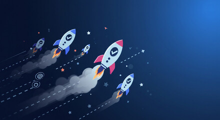 Rocket Launches: Five rockets are launching upward, leaving trails of smoke in a dark blue, star-filled outer space atmosphere.