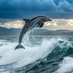 Obraz premium Dolphin Leaping Ocean Wave: Stunning Wildlife Photo