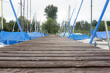 Wooden dock leads to sailboats in a tranquil marina during a cloudy afternoon