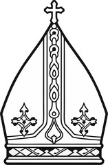 Ornate Black and White Vector of Traditional Bishop Mitre with Cross – Catholic Clergy Hat Line Art Illustration