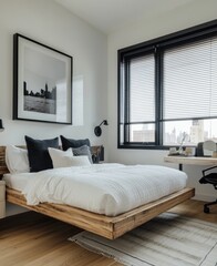 Modern bedroom with floating bed and city view.