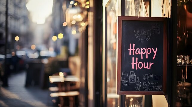 Chalkboard menu displays happy hour specials in a cozy outdoor cafe setting during the golden hour in the city