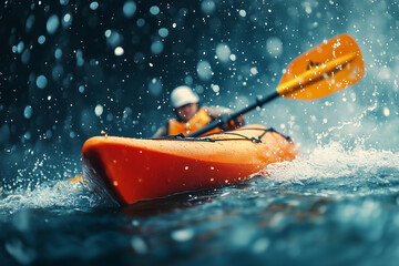 Fototapeta premium kayaker navigating intense whitewater with orange paddle and kayak under dramatic splash and motion