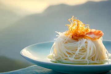 Exquisite asian noodle dish with crispy garnish on light blue plate in scenic setting