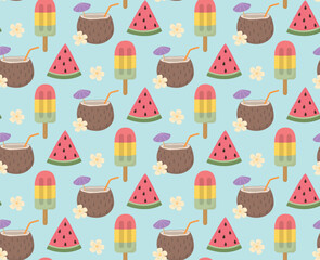 Seamless pattern with summer treats. Bright background with watermelon slices, popsicles and tropical coconut cocktails
