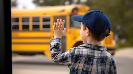 Child waving goodbye to school bus while wearing a cap on a sunny day